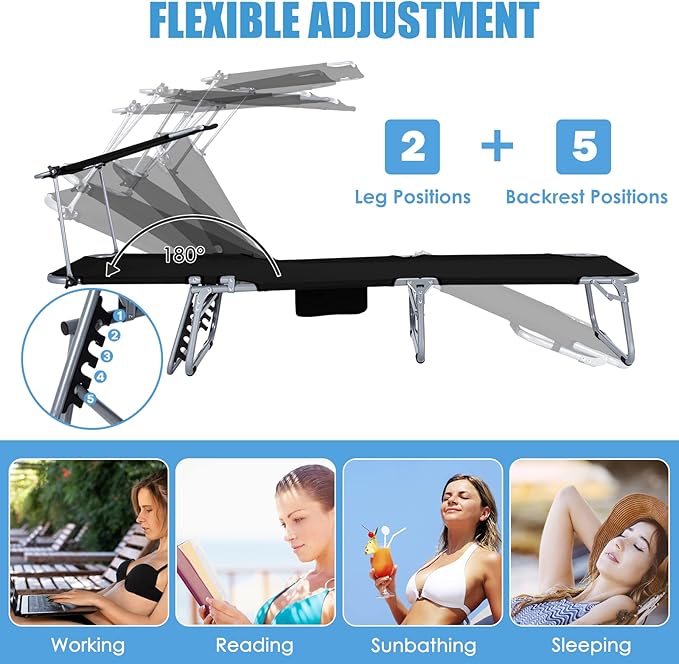 GYMAX Tanning Chair, Beach Lounge Chair with Canopy Sunshade, Carry Handle & Pocket, 5 Level Adjustable Layout Chaise Lounge for Outside, Folding Sunbath Chair for Outdoor, Patio, Poolside (2, Black)