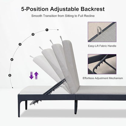 PURPLE LEAF Outdoor Chaise Lounge Set of 4 Aluminum Adjustable Patio Lounger Chairs with Cushions Reclining Beach Daybed for Poolside Balcony Deck Backyard, Dark Grey