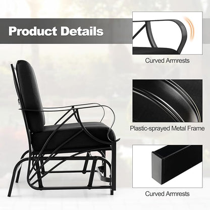 Tangkula Outdoor Patio Glider, Metal Framed Gliding Chair with Cushion, Ergonomic Single-Person Outdoor Patio Chair with Curved Armrest, Smooth Rocking Arms for Porch, Patio (1)