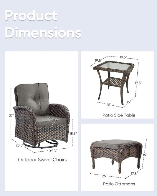 5 Pieces Outdoor Wicker Patio Furniture Set-High Back Outdoor Rocking Chairs Set of 2 with Ottoman Patio Conversation Sets for Deck Lawn Porch Balcony Poolside-Brown/Grey