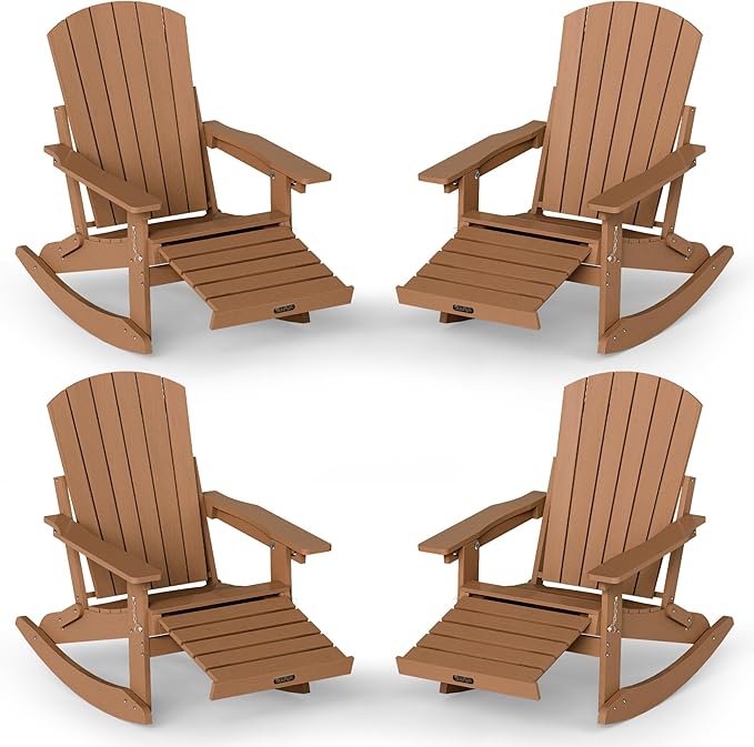 Adirondack Rocking Chair with Retractable Ottoman Set of 4, 4-in-1 Foldable Reclining Patio Chair, HDPE Wood-Look Outdoor Rocker for Porch, Garden & Poolside, Teak