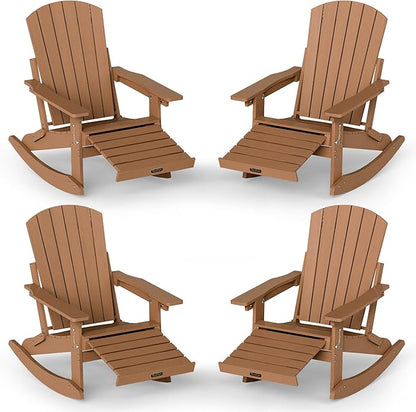 Adirondack Rocking Chair with Retractable Ottoman Set of 4, 4-in-1 Foldable Reclining Patio Chair, HDPE Wood-Look Outdoor Rocker for Porch, Garden & Poolside, Teak