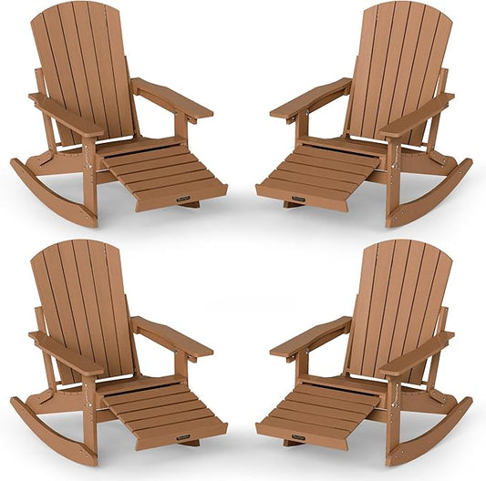 Adirondack Rocking Chair with Retractable Ottoman Set of 4, 4-in-1 Foldable Reclining Patio Chair, HDPE Wood-Look Outdoor Rocker for Porch, Garden & Poolside, Teak