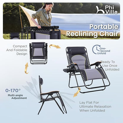 PHI VILLA XXL Oversized Padded Zero Gravity Chair, Foldable Patio Recliner, 30" Wide Seat Anti Gravity Lounger with Cup Holder, Support 400 LBS (Gray Accent)