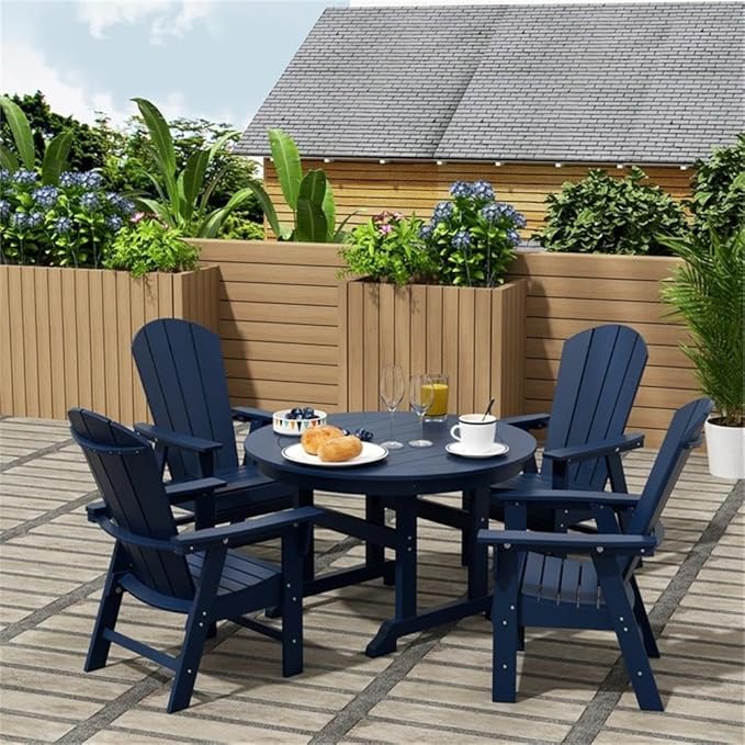 Costaelm Outdoor Adirondack Chair, HDPE Patio Balcony Chairs, Portside Seashell Nautical Curveback Adirondack Chair and Fire Pit Chairs, Navy Blue