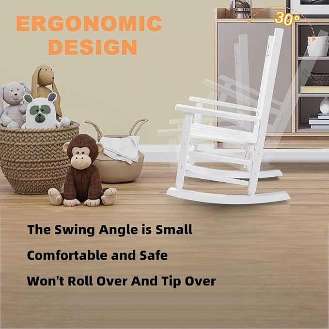 Kids Rocking Chair for Toddler and Children Comfy Recliner Wooden Rocker for Baby Girls Outdoor Lounge for Age 6-10 Indoor Anti-Tip Design Safe & Sturdy White
