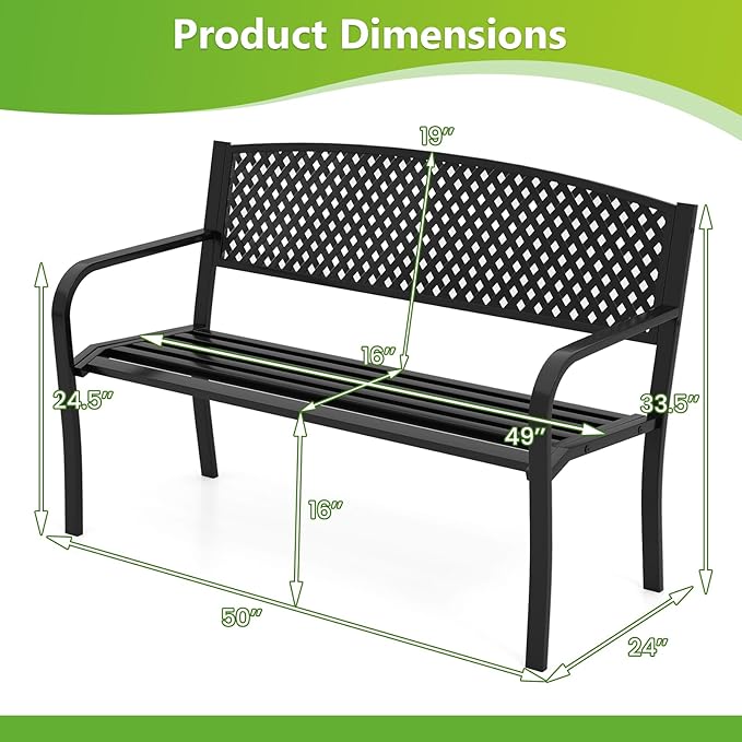 Tangkula Metal Outdoor Park Bench, 50 Inches Garden Bench with Patterned Backrest and Curved Armrests, 2-3-Person Patio Bench, Outside Heavy-Duty Metal Loveseat Chair for Porch, Lawn, Yard & Park