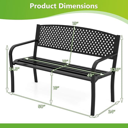 Tangkula Metal Outdoor Park Bench, 50 Inches Garden Bench with Patterned Backrest and Curved Armrests, 2-3-Person Patio Bench, Outside Heavy-Duty Metal Loveseat Chair for Porch, Lawn, Yard & Park