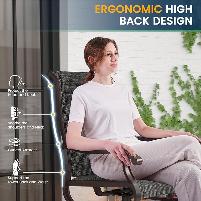 Amopatio Padded Patio Swivel Chairs Set of 2, Outdoor Dining Chairs with Ultra Soft Textilene High Back Seat & Metal Rocker Frame, for Backyard Deck Lawn (Dark Grey)