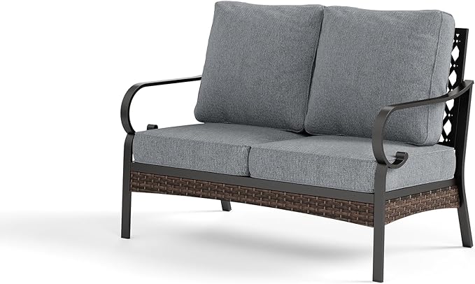 Metal Patio Furniture Loveseat with 5.75" Extra Thick Waterproof Cushion, 2-Seater Deep Seating & High-Back Black Outdoor Couch All Weather Outdoor Seating for Gazebo Porch, Gray