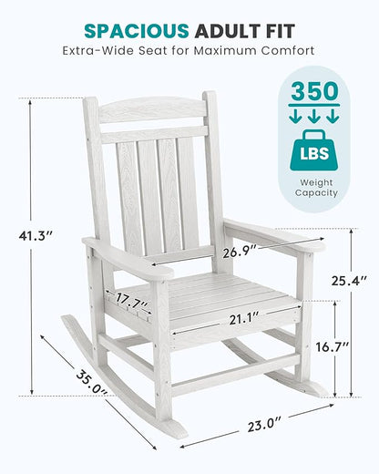 SERWALL Oversized Outdoor Rocking Chair, All-Weather Patio Rocking Chair, HDPE Porch Rocker for Adults, White