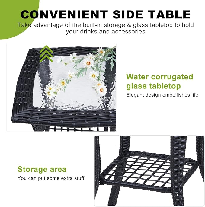 Outvita Outdoor Side Table, Patio Rattan Coffee Table Small End Table with Glass Tabletop and Storage Shelf for Patio Porch Backyard Balcony Living Room