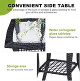 Outvita Outdoor Side Table, Patio Rattan Coffee Table Small End Table with Glass Tabletop and Storage Shelf for Patio - Photo 4