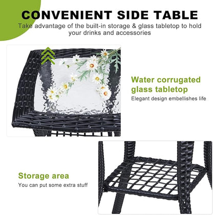 Outvita Outdoor Side Table, Patio Rattan Coffee Table Small End Table with Glass Tabletop and Storage Shelf for Patio Porch Backyard Balcony Living Room