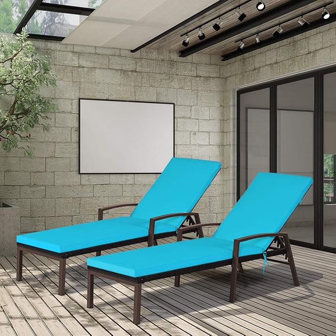 Tangkula 2 PCS Patio Rattan Chaise Lounge Chair, Outdoor Reclining Chaise with Cushion and Armrest, Wicker Sun Lounger with Adjustable Backrest for Garden, Balcony, Poolside