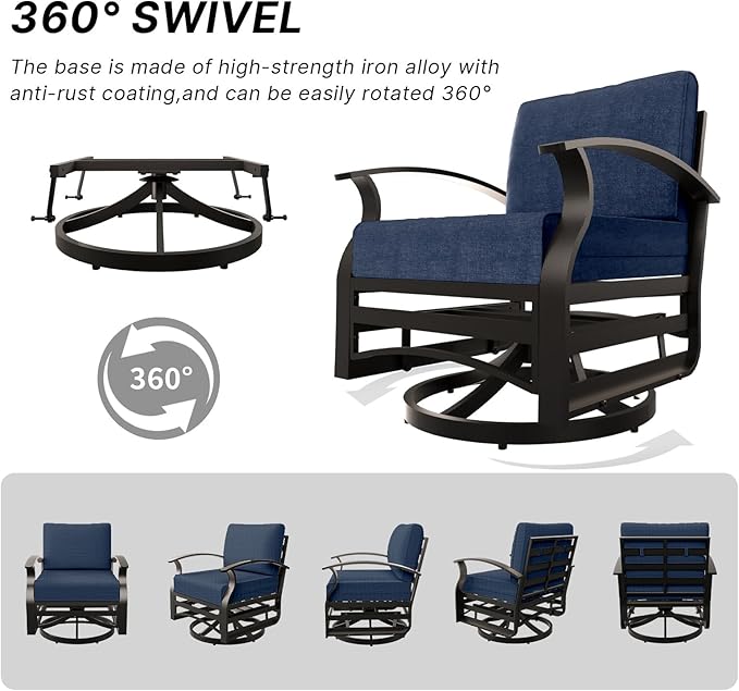 Gotland 4 Piece Patio Set, Metal Outdoor Swivel Chairs Set of 2 with 2 Ottoman 5.1’’ High-Resilience Seat Cushions Removable Cushions, Aluminum Patio Furniture Set for Lawn, Porch, Balcony, Navy