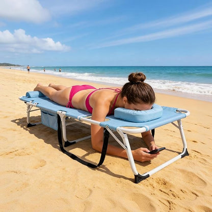 ABORON 3 in 1 Sun Tanning Chair Oversized with Mat&Face Arm Hole, Heavy Duty Folding Chaise Lounge Chairs, 5-Position Outdoor Lounge Chair/Pillow, for Beach, Pool, Lawn, Yard, Patio