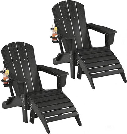 Garvee Folding Adirondack Chair Set of 4 with Ottoman, HDPE Outdoor Patio Chair with Cup Holder, All Weather Resistent Wooden Textured for patios, Decks, Gardens, fire Pit, Black