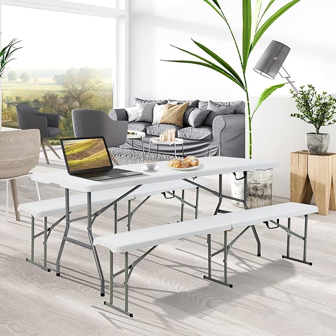 S AFSTAR 3 PCS Folding Table and Benches, 6Ft Camping Table & 2-Pack Folding Chairs with Carry Handles - Photo 2