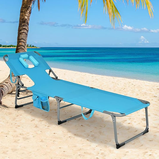 Goplus Tanning Chair, Folding Adjustable Patio Lounge Chair with Face Hole, Removable Pillow, 330LBS, Carry Strap, Outdoor Sunbathing Chair, Lightweight Portable Beach Lounge Chair, No Assembly
