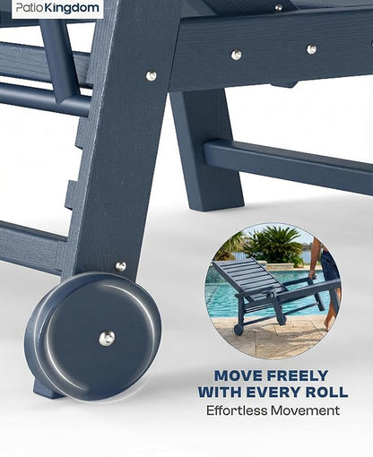 Adjustable Lounge Chair Outdoor Set of 8, HDPE Outdoor Chaise Lounge with Cup Holder & Wheels, Pool Lounge Chairs for Poolside, Backyard Pool, Patio, Beach, Deck, (Navy Blue)