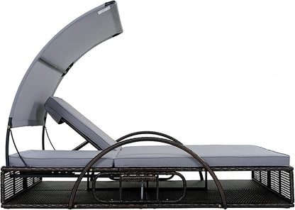 Outdoor Double Chaise Lounge with Adjustable Backrest and Sun Canopy, All Weather Patio Recliner Chair Sunbed with Hidden Side Table, Steel Frame and Cushions for Poolside Garden (Gray-3.25)