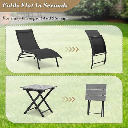 Athena Collection Outdoor Chaise Lounge Set, Aluminum Frame Pool Lounge Chairs with 5-Level Adjustable Backrest and Folding Side Table, Breathable Sun Lounger for Poolside Patio Outdoor, Black
