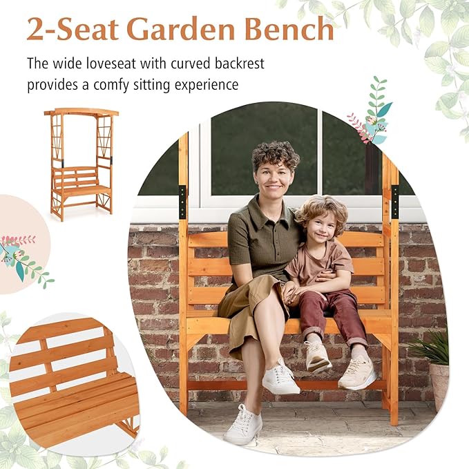 6.25ft Garden Arbor with Bench, Wooden Arch w/Side Trellis for Climbing Plants & Vines, 2-Person Outdoor Seating, Country Botanicals Decoration for Backyard, Deck, Patio