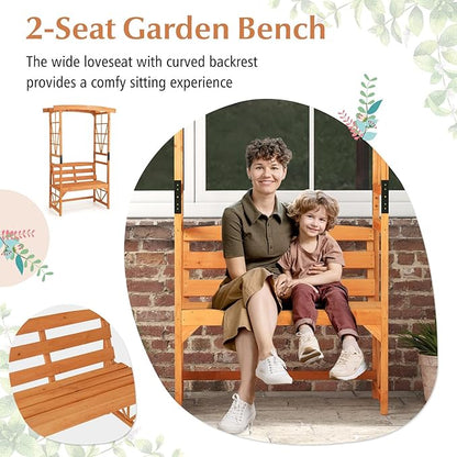 6.25ft Garden Arbor with Bench, Wooden Arch w/Side Trellis for Climbing Plants & Vines, 2-Person Outdoor Seating, Country Botanicals Decoration for Backyard, Deck, Patio