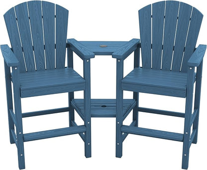 SERWALL Tall Adirondack Chairs Set of 2 with Double Layer Connecting Tray, HDPE Bar Height Outdoor Chairs, Wood-Like Adirondack Bar Stools for Patio, Balcony, Porch, Blue