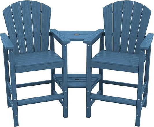 SERWALL Tall Adirondack Chairs Set of 2 with Double Layer Connecting Tray, HDPE Bar Height Outdoor Chairs, Wood-Like Adirondack Bar Stools for Patio, Balcony, Porch, Blue