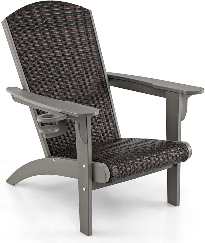 Tangkula Patio Wicker Adirondack Chair, HDPE Lounge Chair w/Rattan Padded Seat & Back, Wide Armrests & Hidden Cupholder, Outdoor All-Weather Adirondack Fire Pit Chair for Backyard, Lawn (1, Grey)