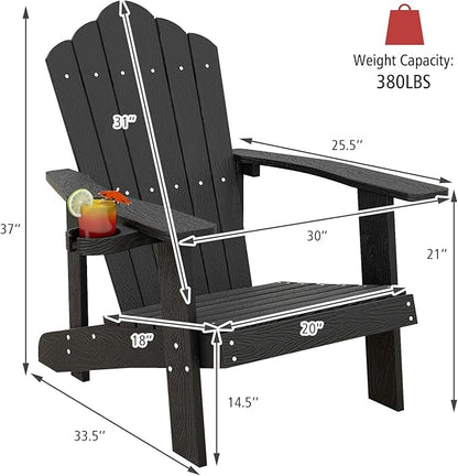 Tangkula Oversized Adirondack Chair, Patio Lounge Chairs w/Adjustable Cup Holder, HIPS Armchairs Slatted Chair, Outdoor Weather Resistant Fire Pit Chair for Deck Backyard Garden Porch (1, Black)