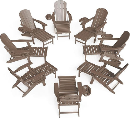 FOOWIN Adirondack Chair with Retractable Ottoman,HDPE Folding Adjustable Adirondack Chair w/4 in 1 Cup Holder Trays,All-Weather Resistant Fire Pit Chair for Outdoor Patio Lawn Set of 8