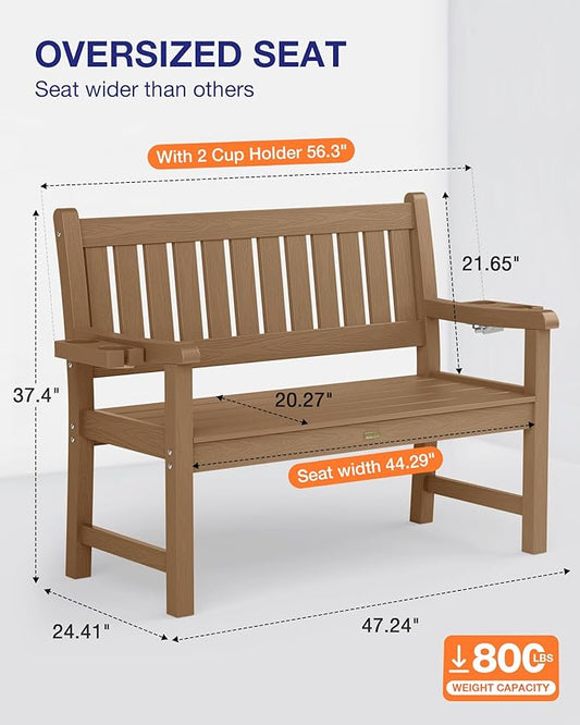YEFU Outdoor Bench for Patio Waterproof: Heavy Duty 2-Person Garden Bench with 2 Cup Holders & Oversized Seating - HIPS Weatherproof Patio Benches for Front Porch Backyard Park, Teak