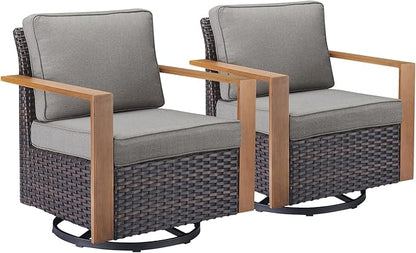 Rilyson Outdoor Patio Swivel Rocker Chairs - Wicker Rattan Patio Swivel Rocking Chairs Set of 2 with Metal Wide Armrest, Thick Cushions and Deep Seating for Deck Porch Sunroom Garden(Brown/Grey)