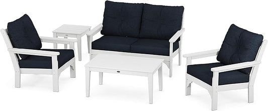 POLYWOOD® Vineyard 5-Piece Deep Seating Set in White/Marine Indigo