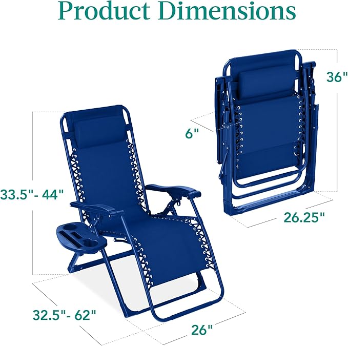 Best Choice Products Adjustable Zero Gravity Chair, Monochromatic Color Folding Patio Recliner w/Side Tray, Headrest - Marine