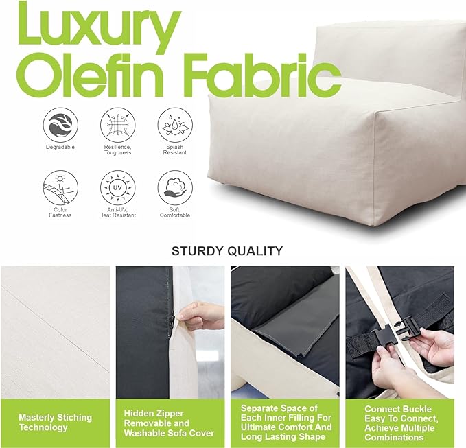 Dineli Modern ANNY-H Middle Chair Armless Chair Outdoor Furniture Comfy Patio Couch Sofa Outdoor Bean Bag Chair Creating a Unique Garden Modular Contemporary Sofa, Lazy Sofa for Outside (Light Beige)