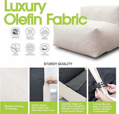 Dineli Modern ANNY-H Middle Chair Armless Chair Outdoor Furniture Comfy Patio Couch Sofa Outdoor Bean Bag Chair Creating a Unique Garden Modular Contemporary Sofa, Lazy Sofa for Outside (Light Beige)