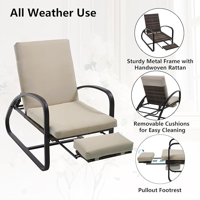 3 Piece Patio Furniture Set, Modern Patio Chaise Lounge Chairs, 5-Position Adjustable Bistro Set Balcony Furniture, Metal Patio Chairs with Coffee Table, Pool Lounge Chair for Deck, Khaki