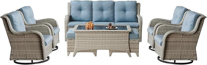 Patio Furniture Swivel Chairs Set - 8 Piece Wicker Rattan Outdoor Sectional Conversation Sets with 4 Swivel Rocking Chairs,2 Ottomans,1 Sofa and 1 Coffee Table for Porch Deck(Light Grey/Sky Blue)