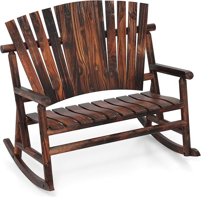 Giantex Outdoor Wooden Rocking Bench, 2-Person Adirondack Porch Rocker Chair with High Back and Slatted Seat, Rustic Log Loveseat for Front Porch Patio, Backyard, Garden, Brown, 51”x38”x46”