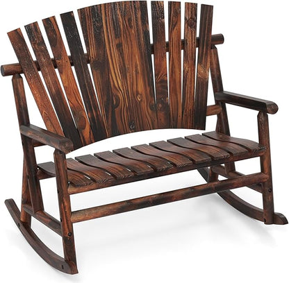 Giantex Outdoor Wooden Rocking Bench, 2-Person Adirondack Porch Rocker Chair with High Back and Slatted Seat, Rustic Log Loveseat for Front Porch Patio, Backyard, Garden, Brown, 51”x38”x46”