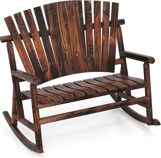 Giantex Outdoor Wooden Rocking Bench, 2-Person Adirondack Porch Rocker Chair with High Back and Slatted Seat, Rustic Log Loveseat for Front Porch Patio, Backyard, Garden, Brown, 51”x38”x46”