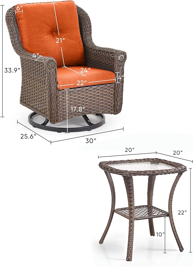 3 Piece Patio Swivel Chairs and Side Table Set - High Back Outdoor Brown Wicker Rattan Rocking Glider with Thick - Photo 3
