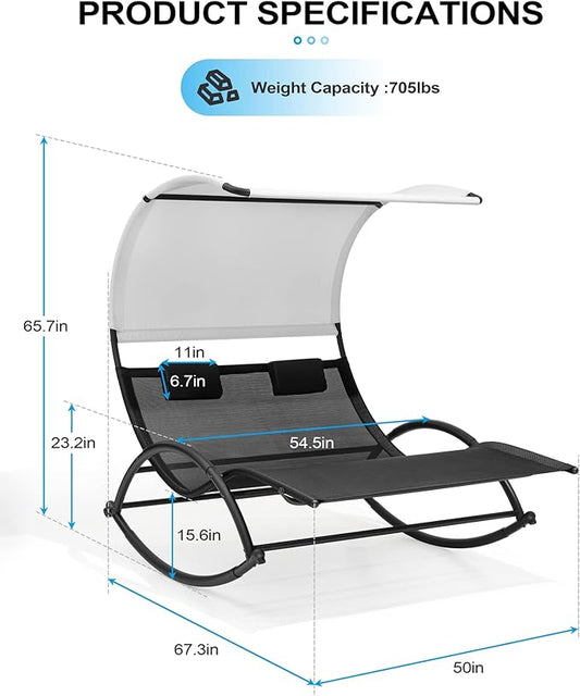 Crestlive Products Outdoor Double Chaise Lounge Chair with Canopy & Wheels, 2 Person Patio Rocking Lounge Chair with Sun Shade & Headrests for Garden, Backyard, Poolside (Black)