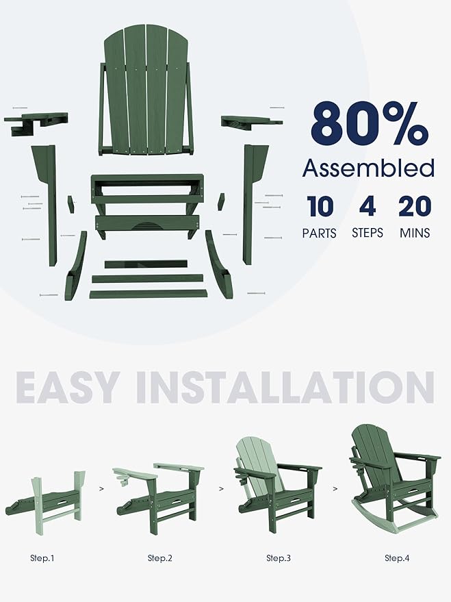 KINGYES Adirondack Rocking Chair Set of 4 with Retractable Ottoman and Cup Holders - Photo 5