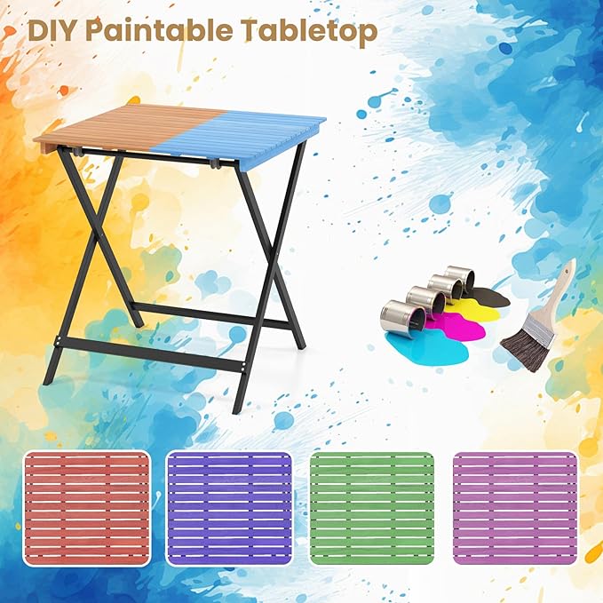 Tangkula 28-Inch Acacia Wood Patio Dining Table, Square Foldable Outdoor Table with Slatted Tabletop, Portable Outside Bistro Dining Table for Backyard, Porch, Balcony