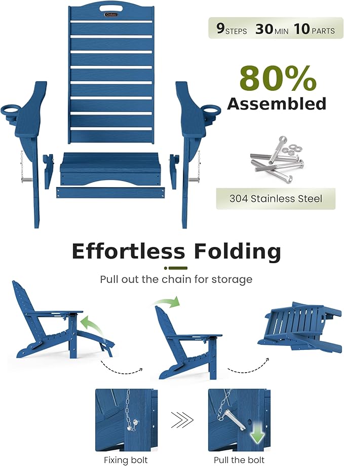 Ciokea Folding Adirondack Chair Set of 4 with Retractable Ottoman Fire Pit Patio Chair with Pull Out Foot Rest Weather - Photo 7